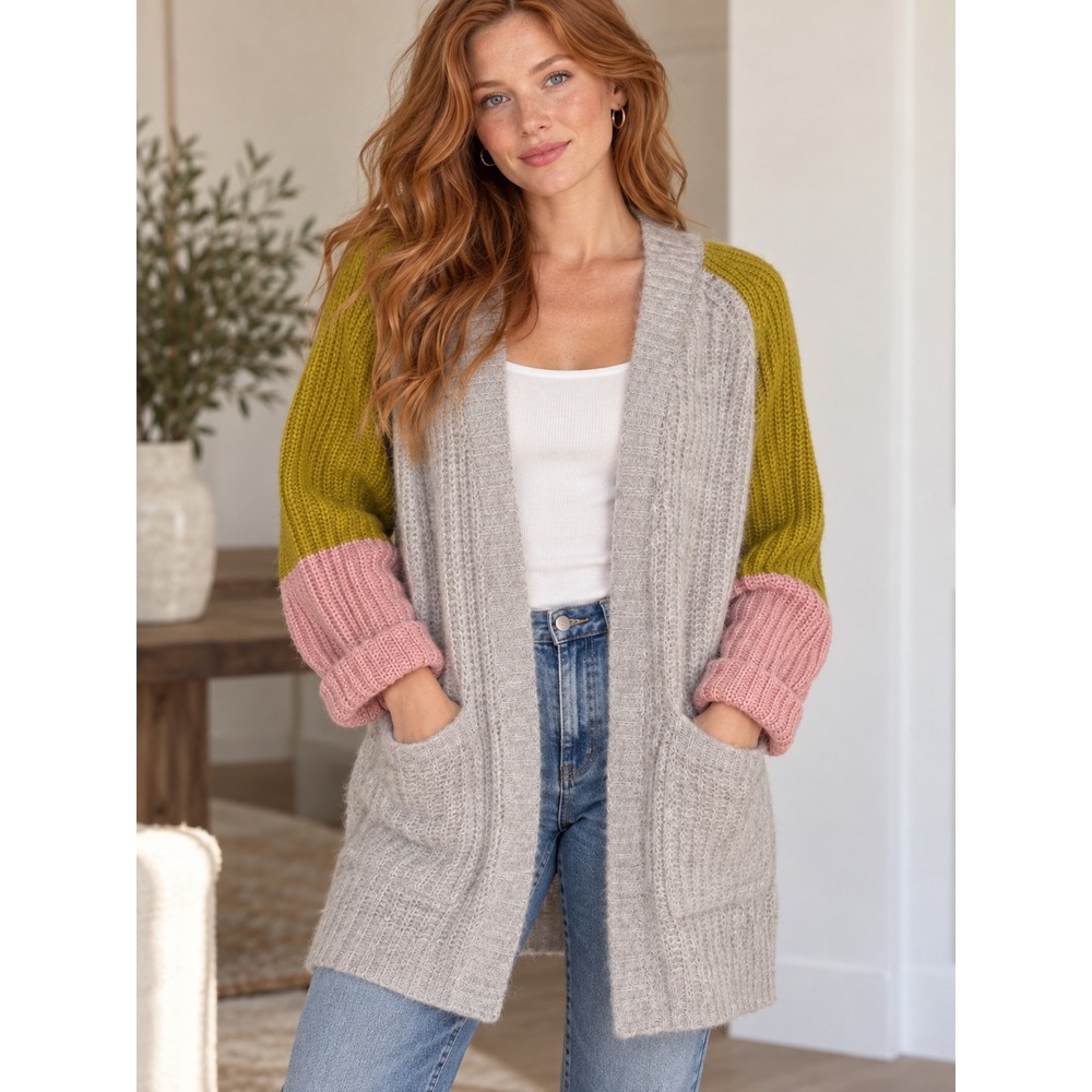 Pepin Womens XS Colorblock Alpaca Wool Blend Longline Cardigan Sweater Grey Pink